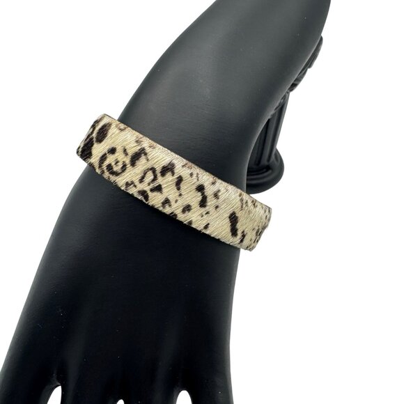 Cow Print Cuff Bracelet With Faux Fur Overlay & Black Leather Interior - Picture 2 of 4